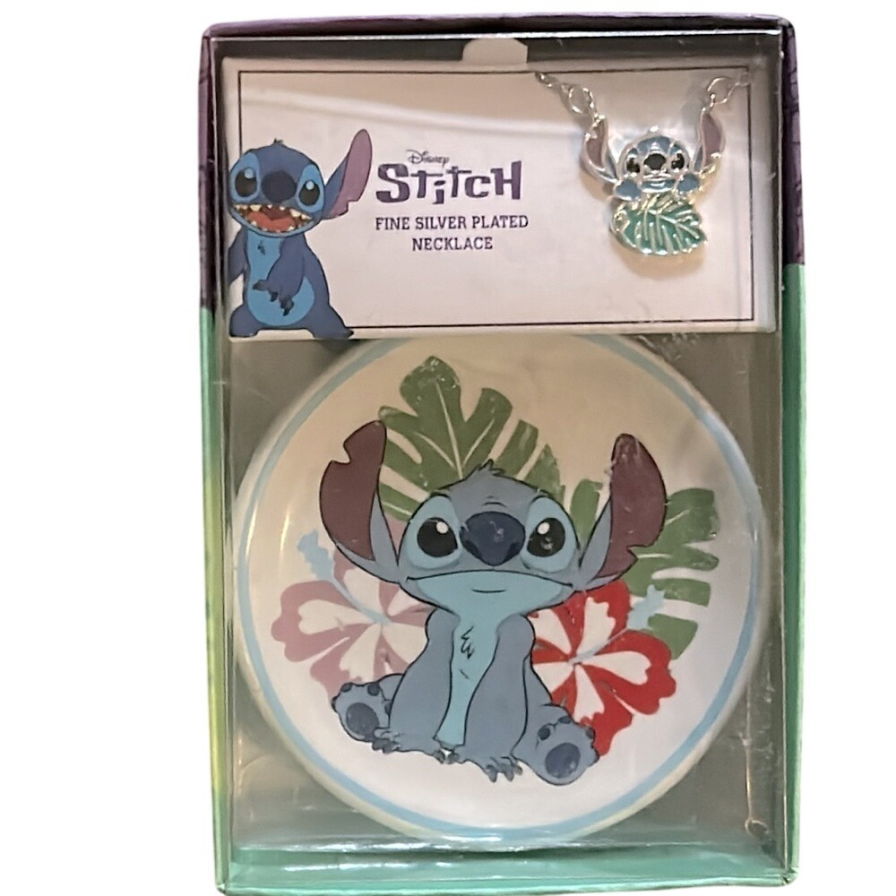 Disney‎ Lilo & Stitch Fine Silver Plated Necklace and Trinket Dish Gift Set NEW